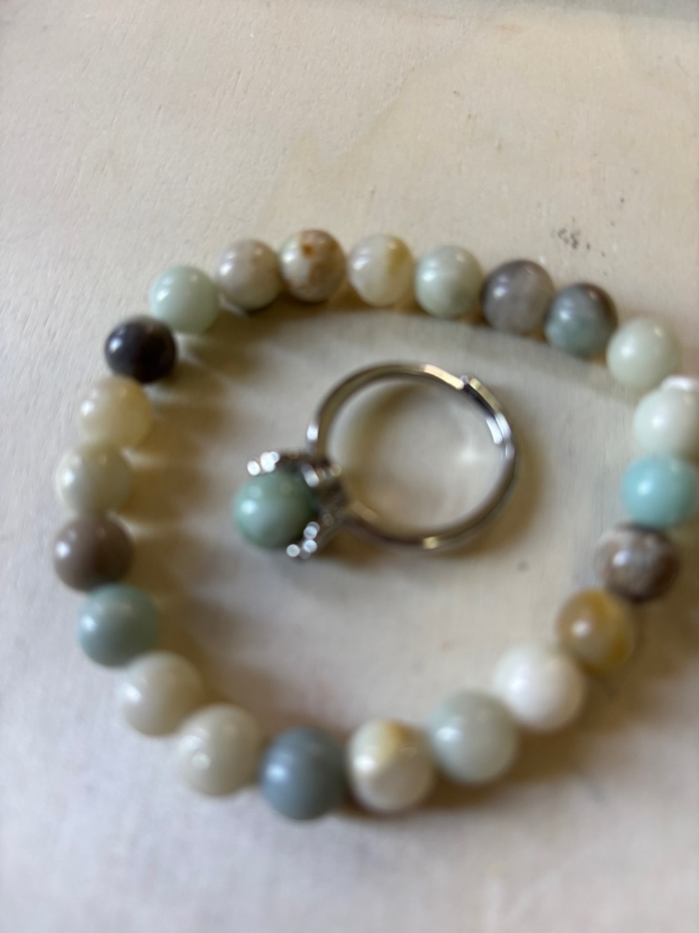 Beaded Amazonite Stretch Bracelet with Matching Ring - Mint Green Mix